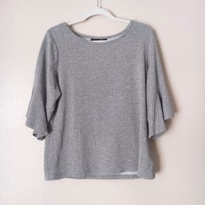Tahari Ribbed 3/4 Bell Sleeve Top Boxy Shirt Blouse XL Gray